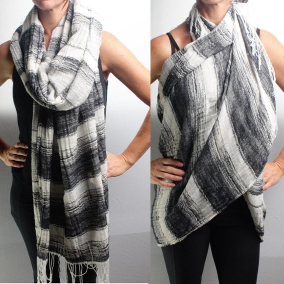 Black and White Lightweight Scarf Wrap W/ Fringe 72x27 - Picture 1 of 9